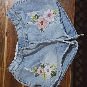 Sadie & Sage Distressed Floral Embroidered Cotton Denim Drawstring Pull-On Short